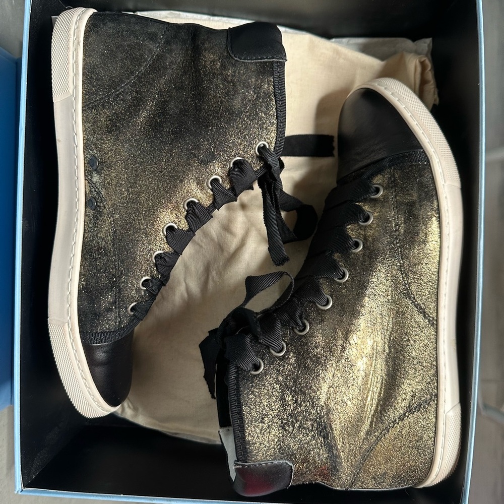LANVIN HAUTE HIGH TOP SNEAKERS  - Baby Calf Leather & Gold Fur (Size 7 US/37FR)